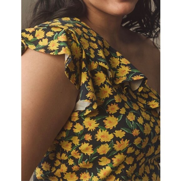 Maeve Anthropologie One-Shoulder Ruffled Floral Top Size XL Yellow - Picture 4 of 9